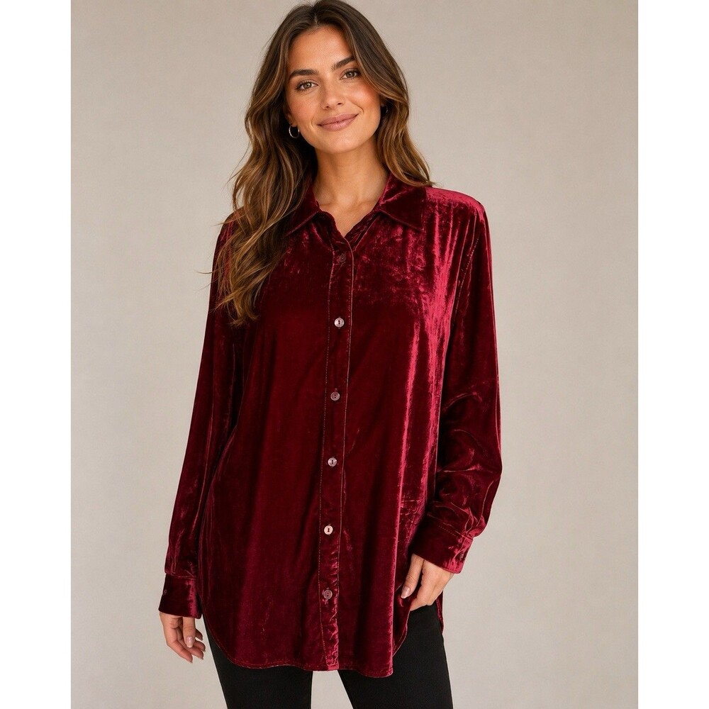 John Mark Crushed Velvet Collared Burgundy Button Up  Long Sleeve M Top Classic